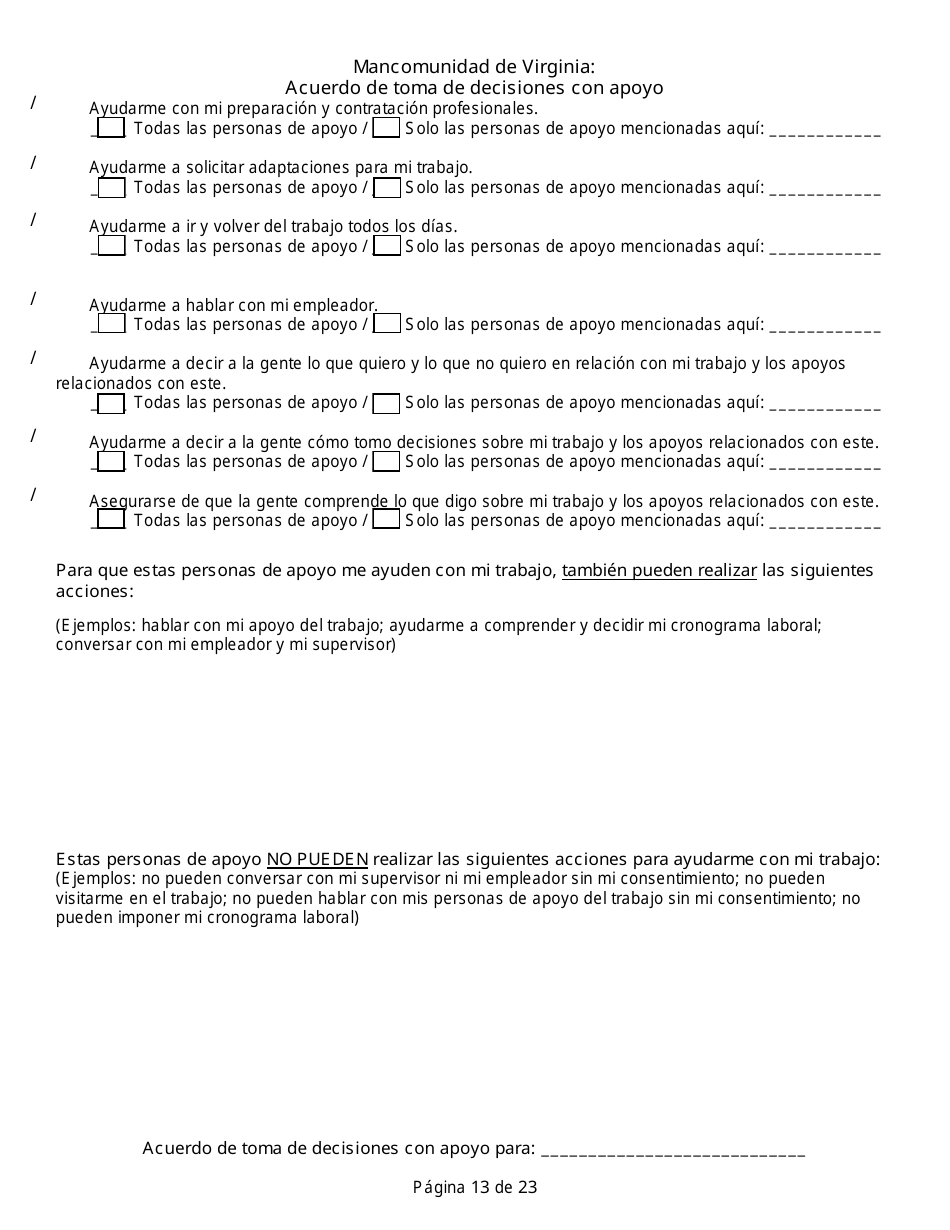 Acuerdo De Toma De Decisiones Con Apoyo - Virginia (Spanish), Page 13