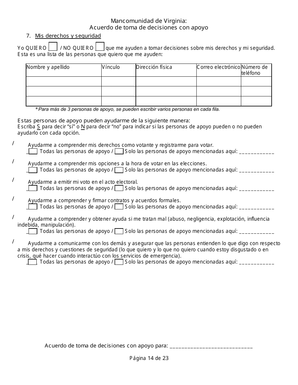 Acuerdo De Toma De Decisiones Con Apoyo - Virginia (Spanish), Page 14