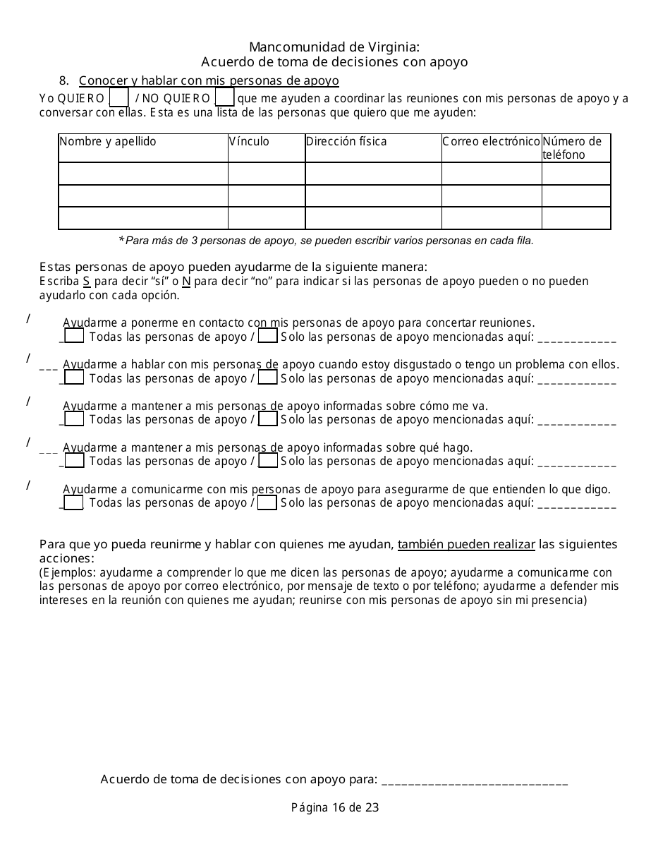 Acuerdo De Toma De Decisiones Con Apoyo - Virginia (Spanish), Page 16