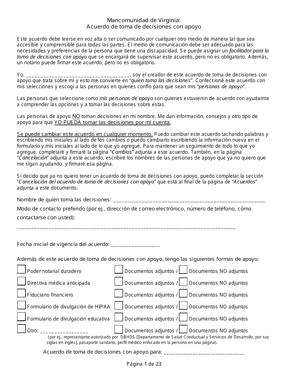 Acuerdo De Toma De Decisiones Con Apoyo - Virginia (Spanish), Page 1