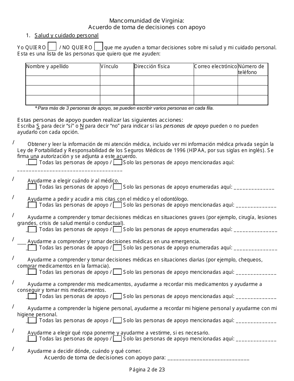 Acuerdo De Toma De Decisiones Con Apoyo - Virginia (Spanish), Page 2