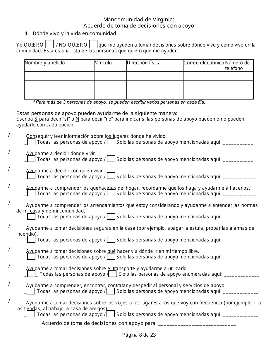Acuerdo De Toma De Decisiones Con Apoyo - Virginia (Spanish), Page 8