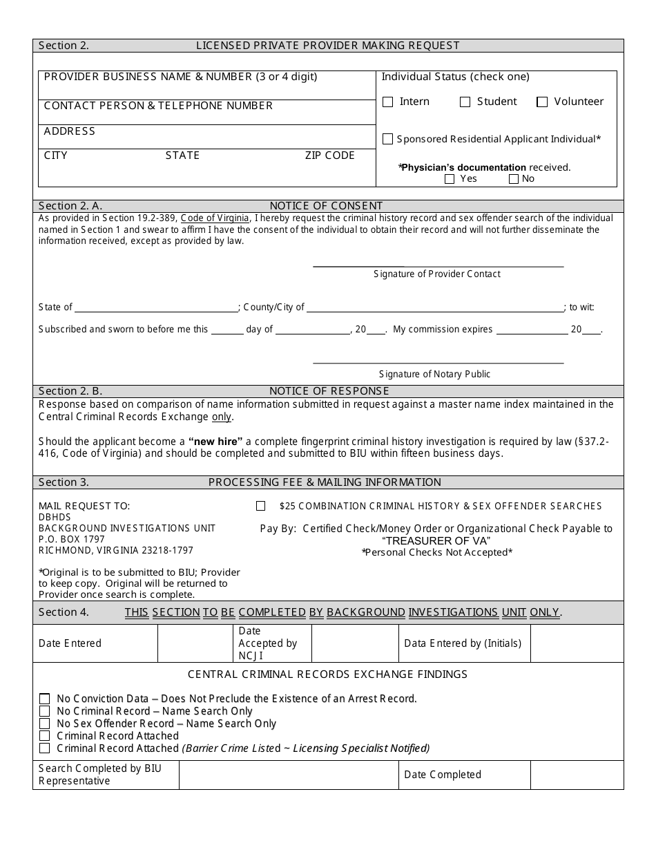 Form BIUSP-167 Criminal History Record Name  Sex Offender Search Request for Volunteers, Students  Any Individual Over the Age of 18 Living Within a Sponsored Residential Home Who Has a Demonstrated Disability - Virginia, Page 3