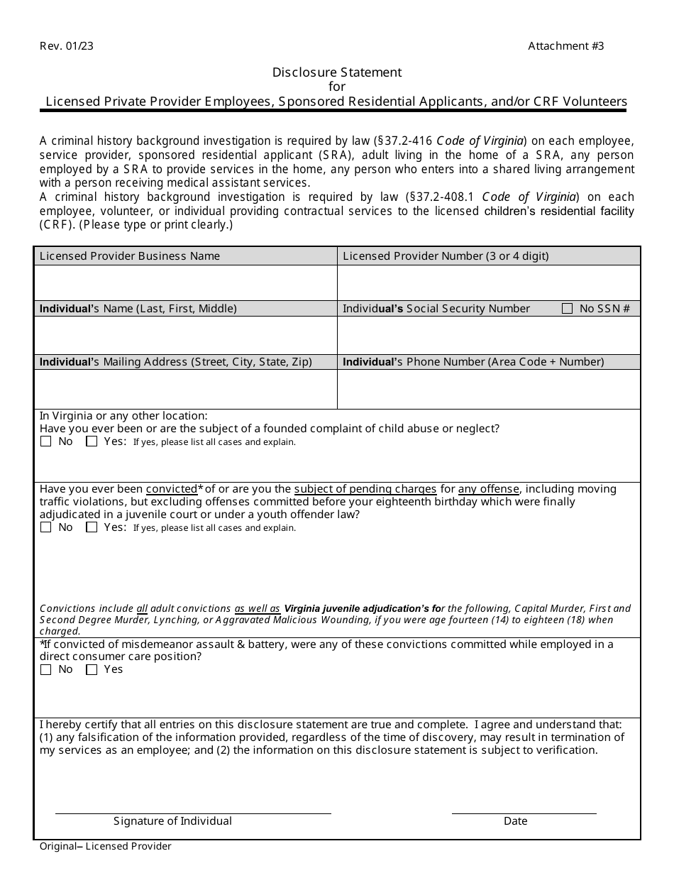 Attachment 3 Disclosure Statement for Licensed Private Provider Employees, Sponsored Residential Applicants, and / or Crf Volunteers - Virginia, Page 1