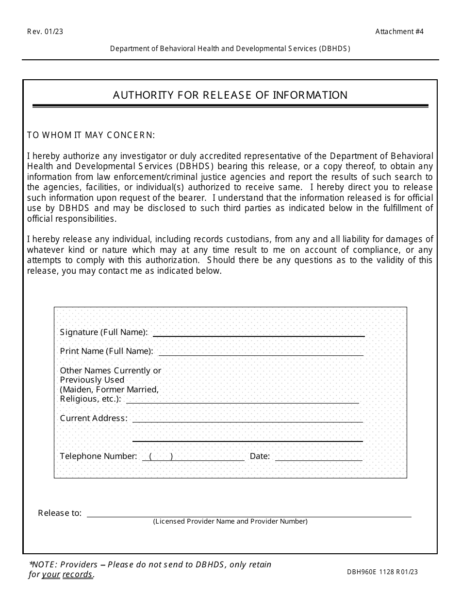 Form DBH960E Attachment 4 Authority for Release of Information - Virginia, Page 1