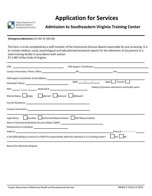Form DBHDS3223E Application for Services - Admission to Southeastern Virginia Training Center - Virginia
