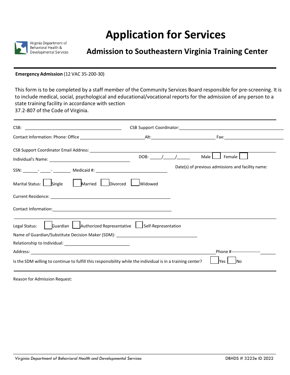Form DBHDS3223E Application for Services - Admission to Southeastern Virginia Training Center - Virginia, Page 1