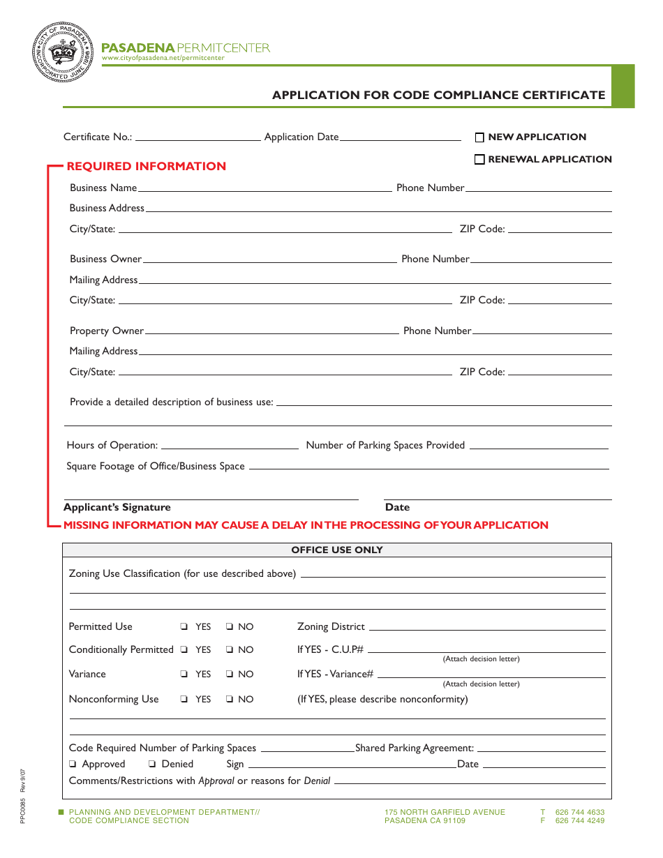 Form PPC0085 Application for Code Compliance Certificate - City of Pasadena, California, Page 1