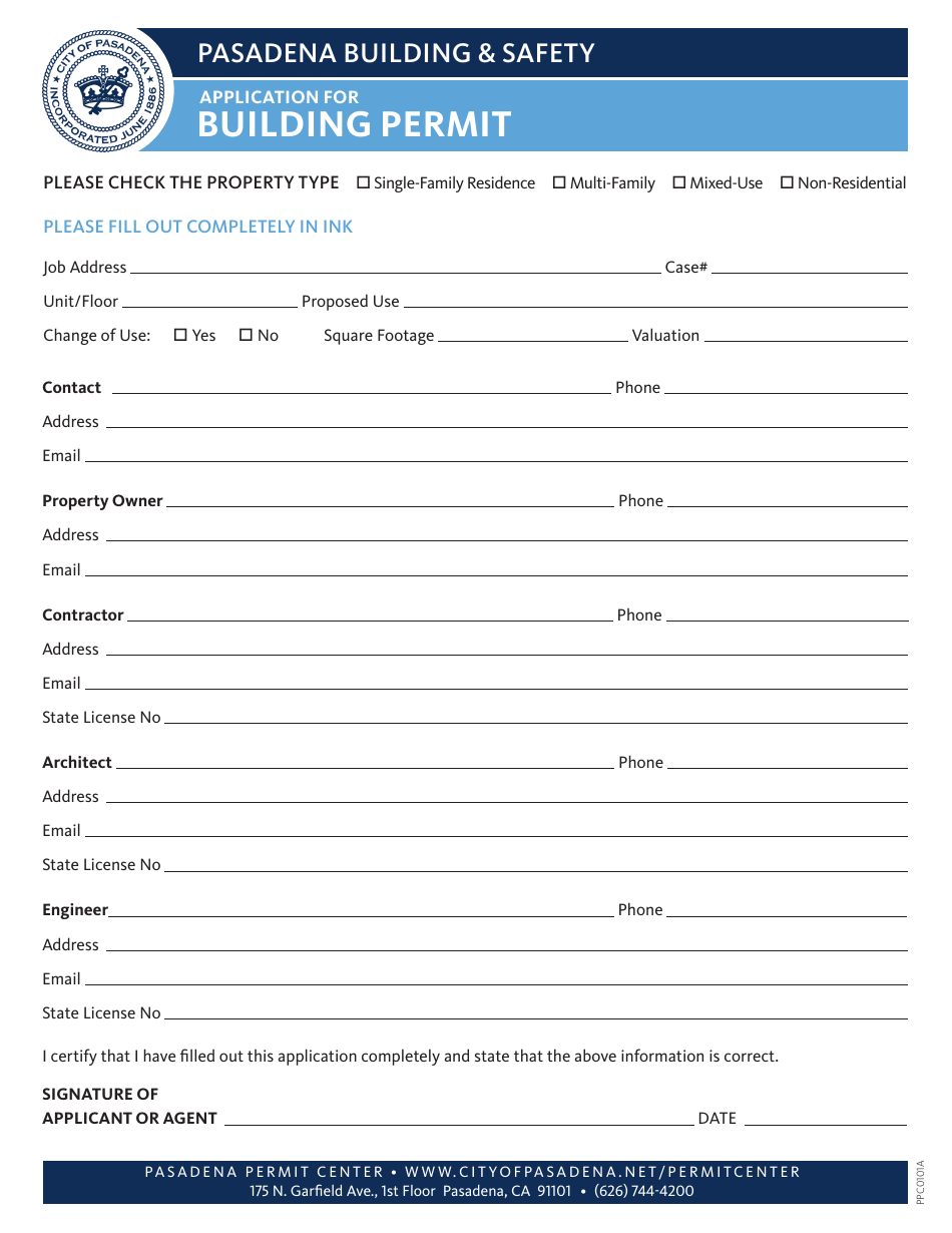 Form PPC0101A Application for Building Permit - City of Pasadena, California, Page 1