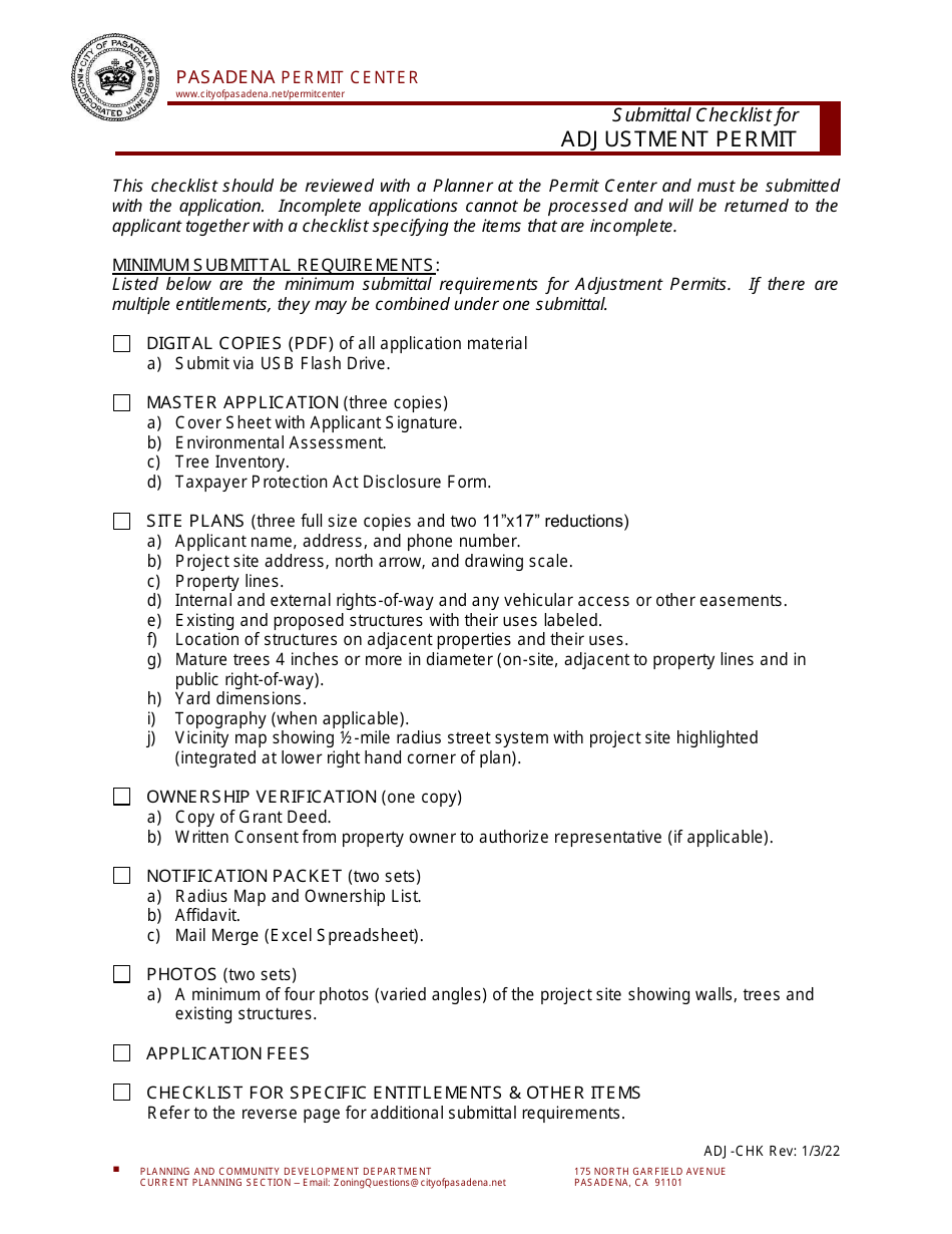 Supplemental Application for Adjustment Permit - City of Pasadena, California, Page 1