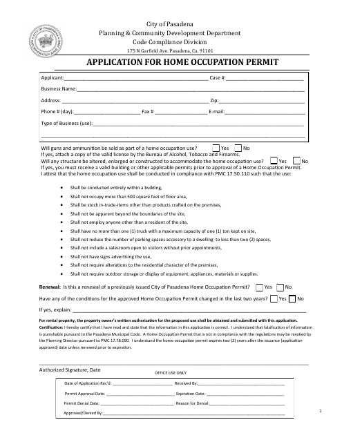 Application for Home Occupation Permit - City of Pasadena, California Download Pdf