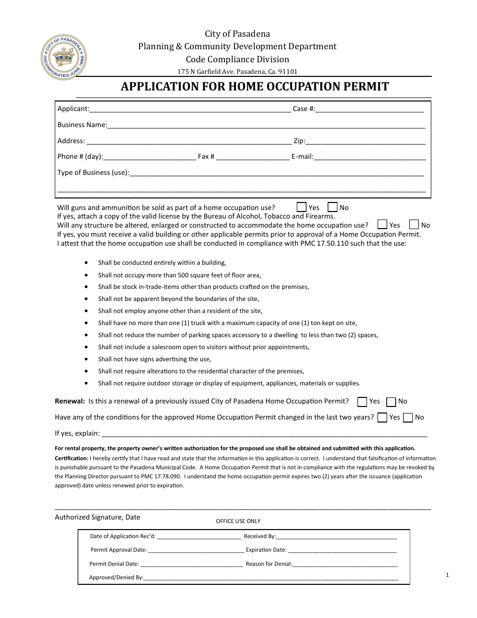 Application for Home Occupation Permit - City of Pasadena, California, Page 1