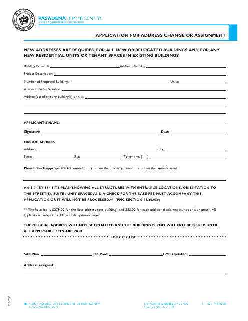 Form PPC0067 Application for Address Change or Assignment - City of Pasadena, California