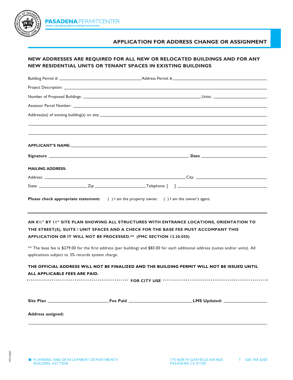 Form PPC0067 Application for Address Change or Assignment - City of Pasadena, California, Page 1