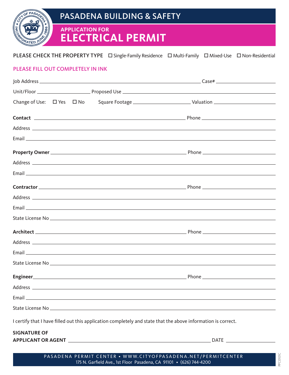 Form PPC0101C Application for Electrical Permit - City of Pasadena, California, Page 1
