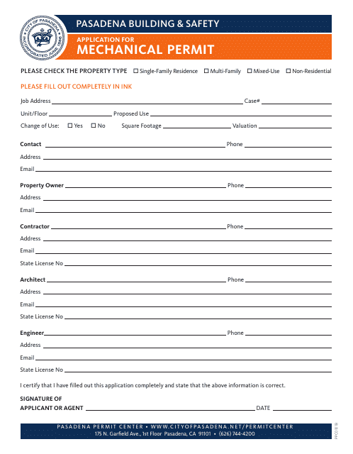 Form PPC0101B Application for Mechanical Permit - City of Pasadena, California