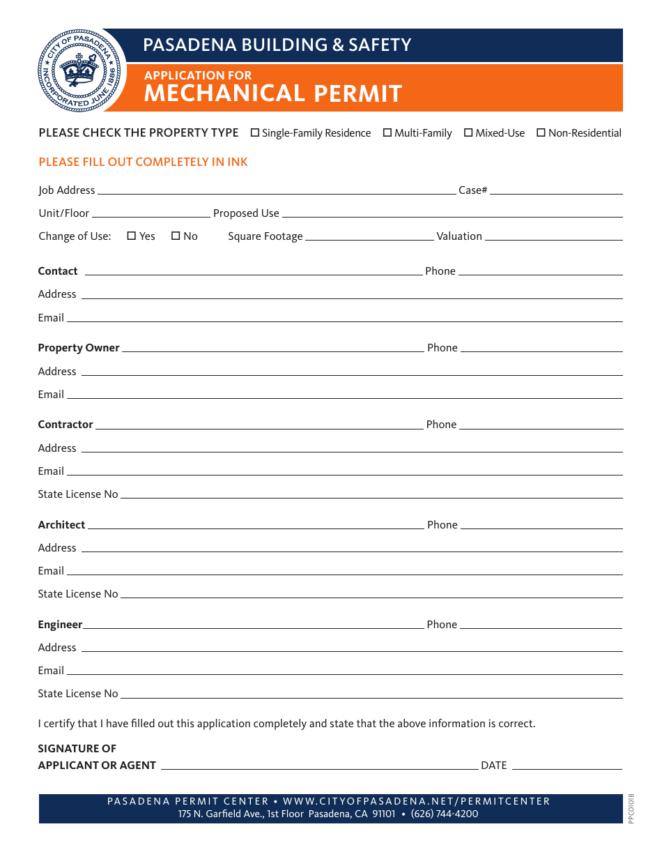 Form PPC0101B Application for Mechanical Permit - City of Pasadena, California, Page 1