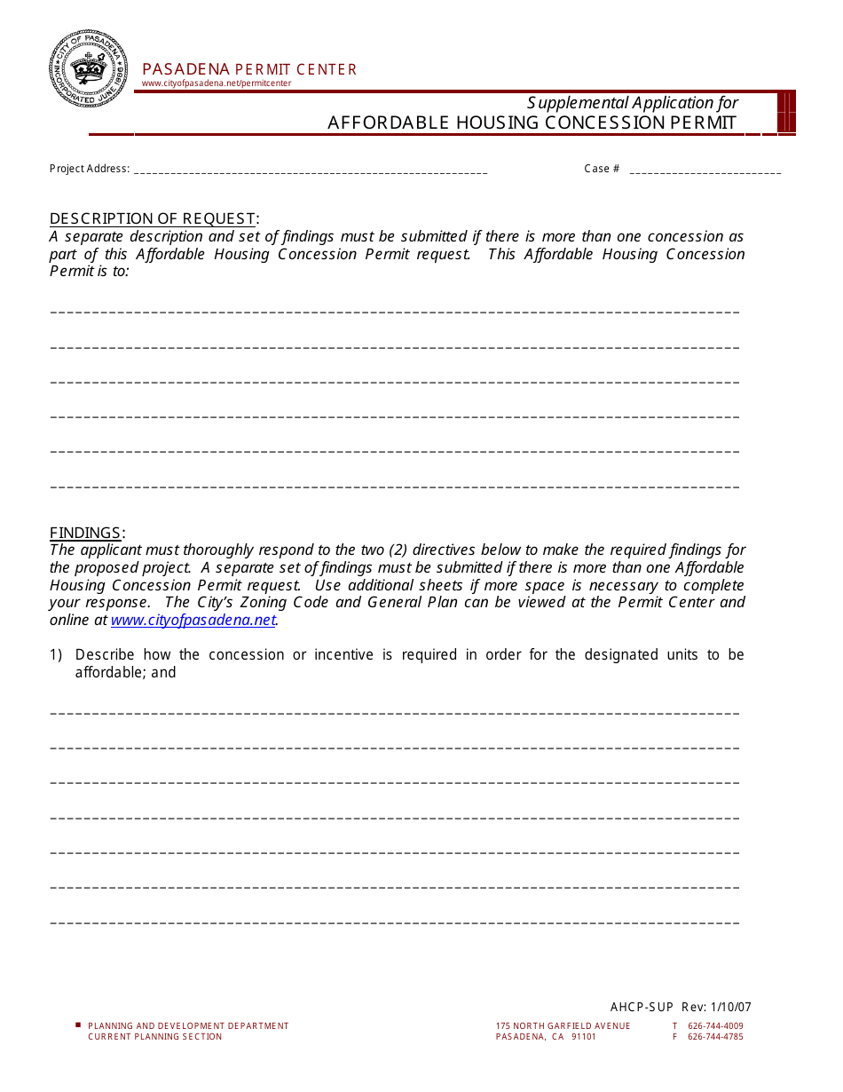 Supplemental Application for Affordable Housing Concession Permit - City of Pasadena, California, Page 3