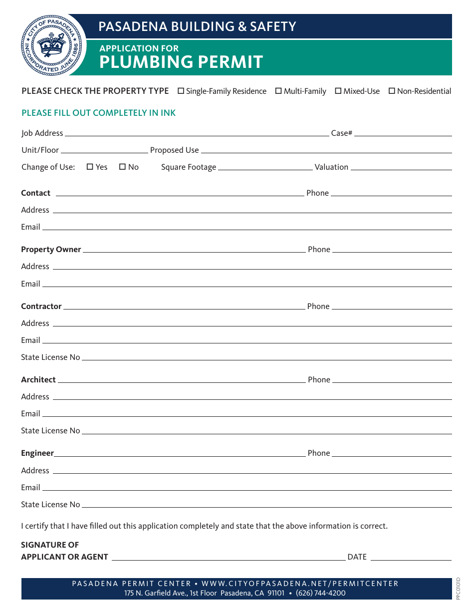 Form PPC0101D Application for Plumbing Permit - City of Pasadena, California, Page 1