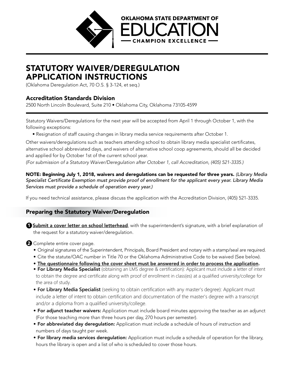 School Site Statutory Waiver / Deregulation Application - Oklahoma, Page 1