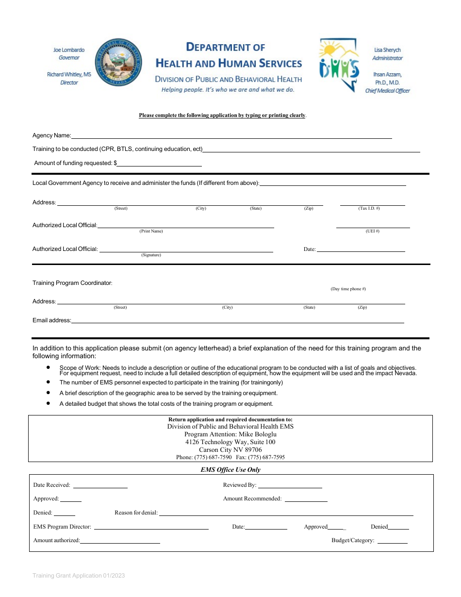 Training Grant Application - Nevada, Page 1