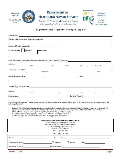 Emergency Medical Services for Children Grant Application - Nevada Download Pdf