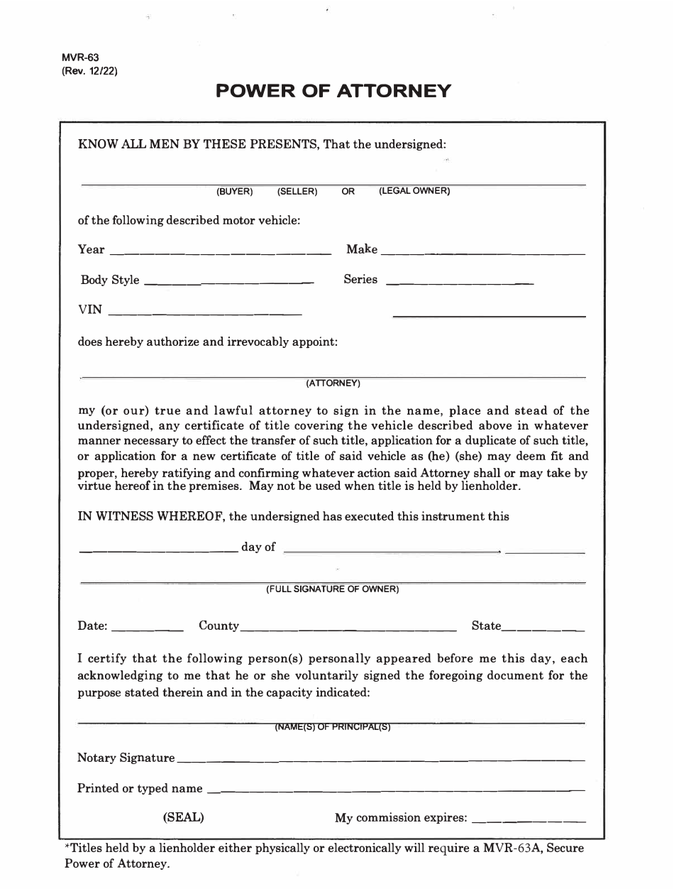 Form MVR-63 Power of Attorney - North Carolina, Page 1