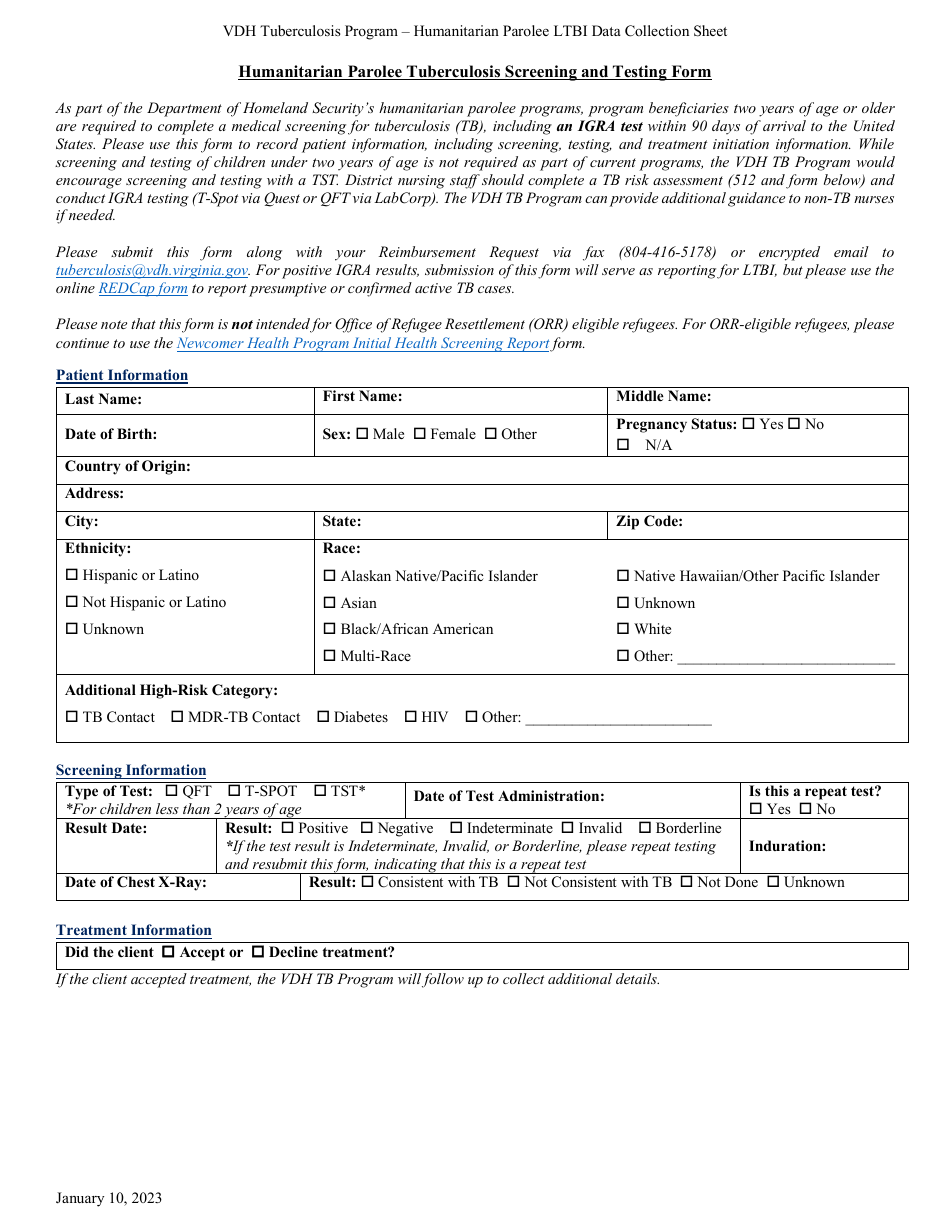 Humanitarian Parolee Tuberculosis Screening and Testing Form - Virginia, Page 1