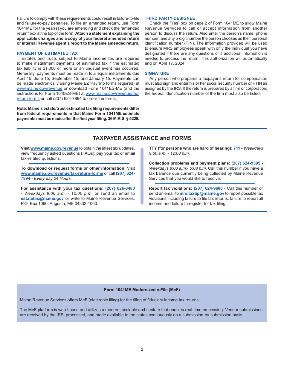 Instructions for Form 1041ME Income Tax Return for Resident and Nonresident Estates and Trusts - Maine, Page 2
