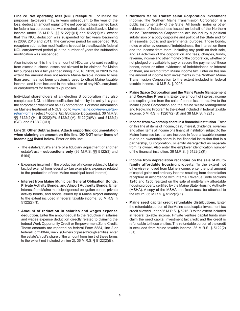 Instructions for Form 1041ME Income Tax Return for Resident and Nonresident Estates and Trusts - Maine, Page 5
