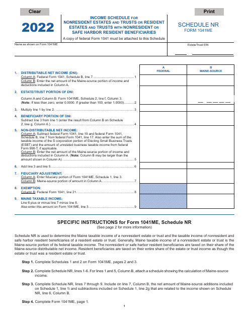 Form 1041ME Schedule NR 2022 Printable Pdf