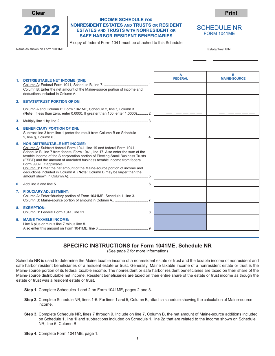 Form 1041ME Schedule NR Income Schedule for Nonresident Estates and Trusts or Resident Estates and Trusts With Nonresident or Safe Harbor Resident Beneficiaries - Maine, Page 1