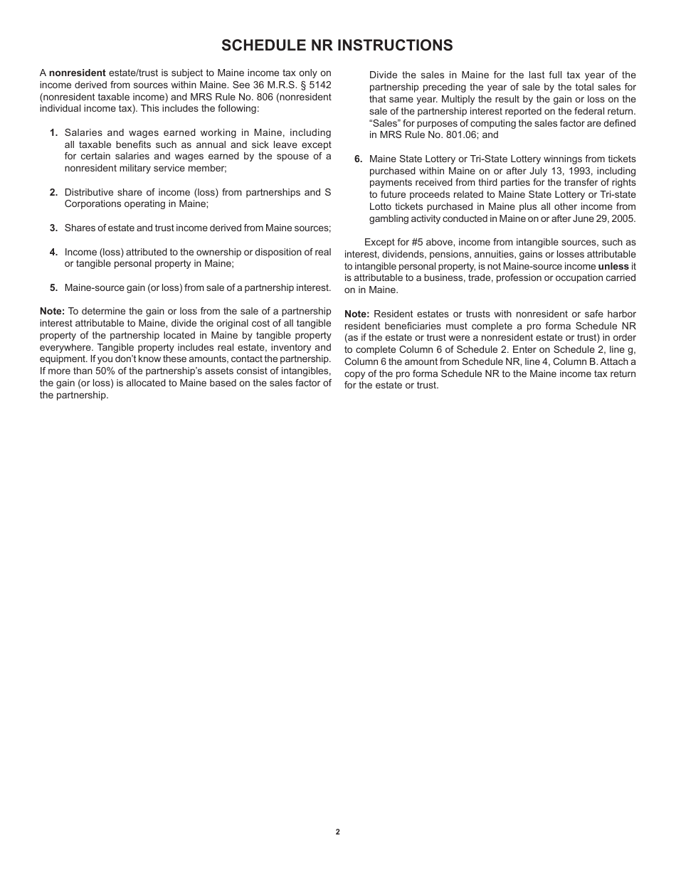 Form 1041ME Schedule NR Income Schedule for Nonresident Estates and Trusts or Resident Estates and Trusts With Nonresident or Safe Harbor Resident Beneficiaries - Maine, Page 2
