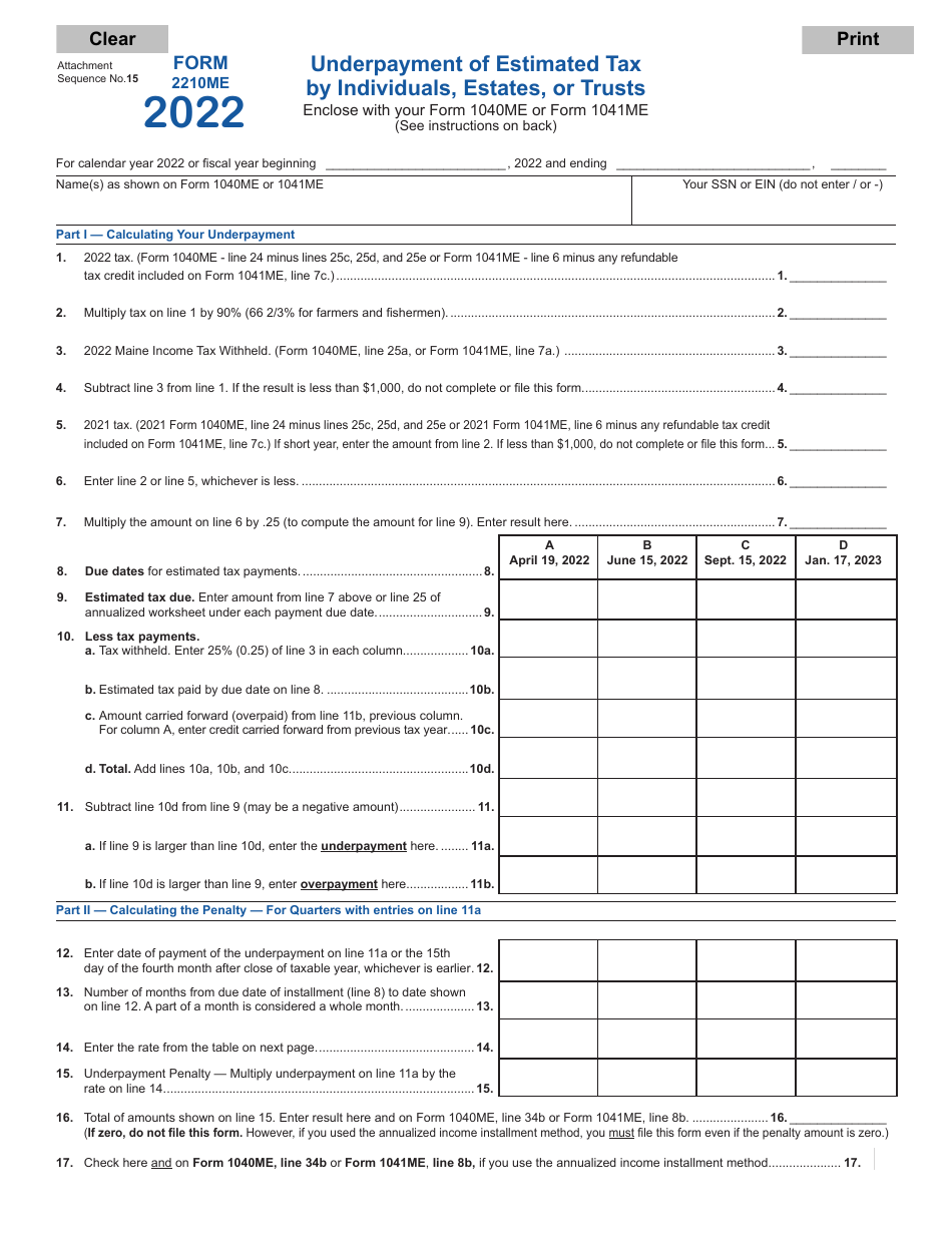 Form 2210ME Download Fillable PDF or Fill Online Underpayment of Estimated Tax by Individuals