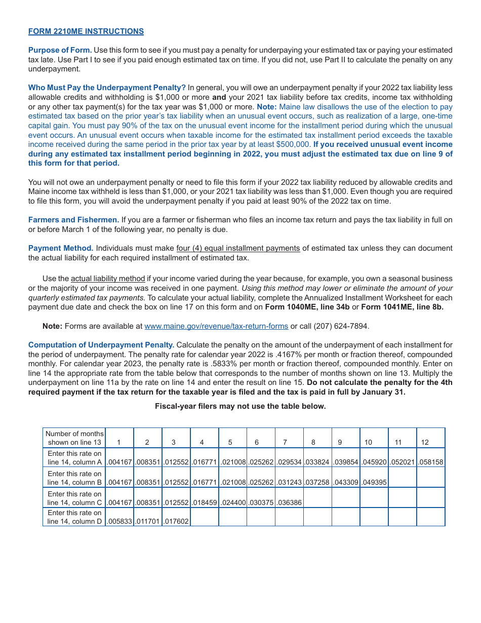 Form 2210ME Underpayment of Estimated Tax by Individuals, Estates, or Trusts - Maine, Page 2