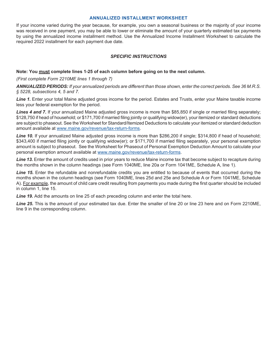 Form 2210ME Annualized Income Installment Worksheet for Underpayment of Estimated Tax - Maine, Page 2