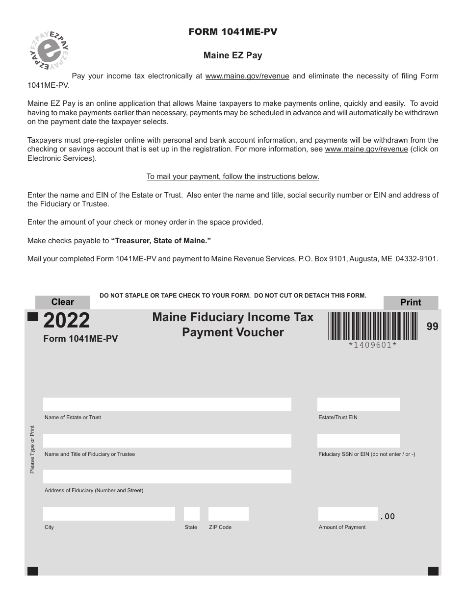 Form 1041ME-PV Maine Fiduciary Income Tax Payment Voucher - Maine, Page 1