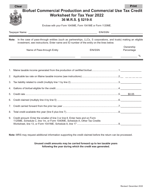 Biofuel Commercial Production and Commercial Use Tax Credit Worksheet - Maine Download Pdf