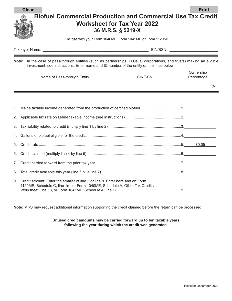 Biofuel Commercial Production and Commercial Use Tax Credit Worksheet - Maine, Page 1