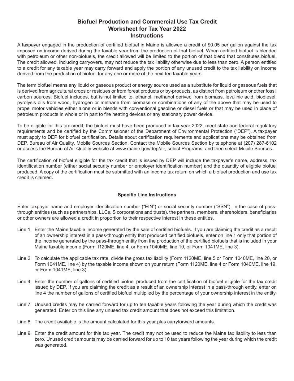 Biofuel Commercial Production and Commercial Use Tax Credit Worksheet - Maine, Page 2