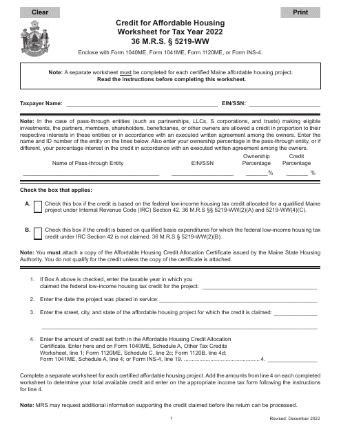 Credit for Affordable Housing Worksheet - Maine Download Pdf