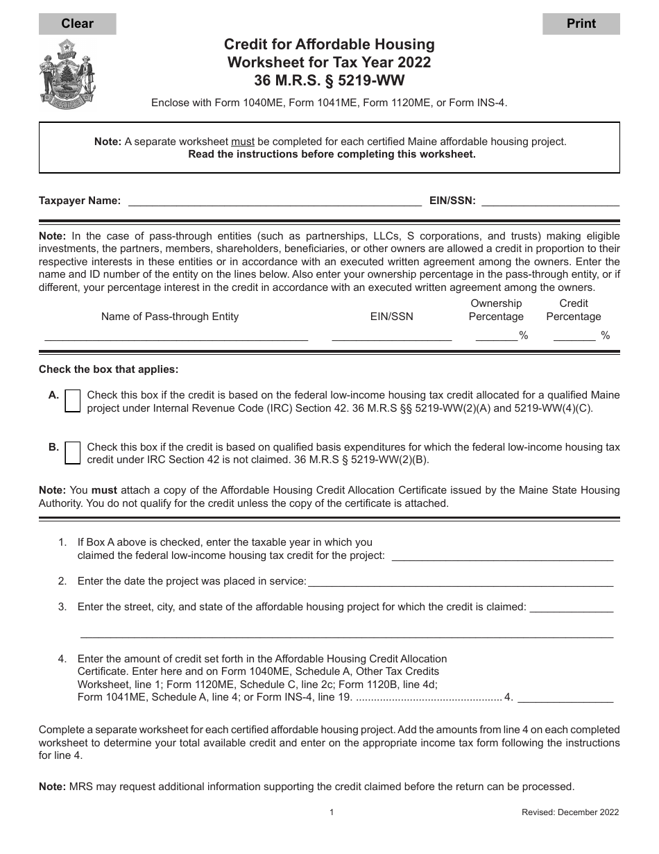 Credit for Affordable Housing Worksheet - Maine, Page 1