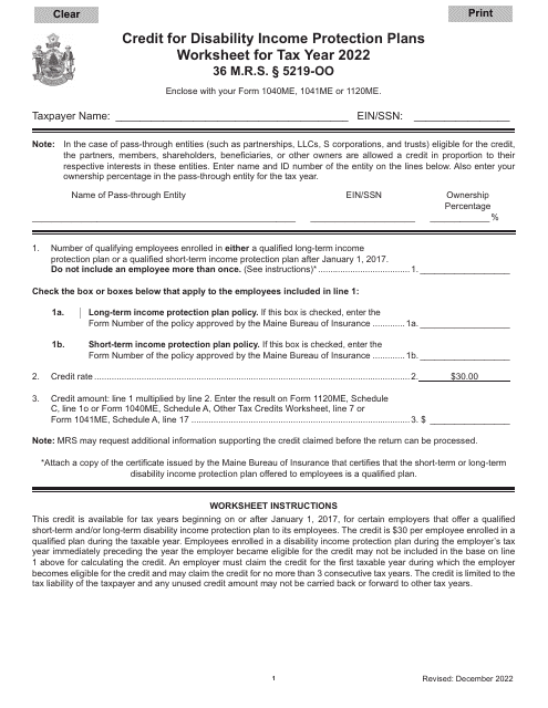 Credit for Disability Income Protection Plans Worksheet - Maine Download Pdf