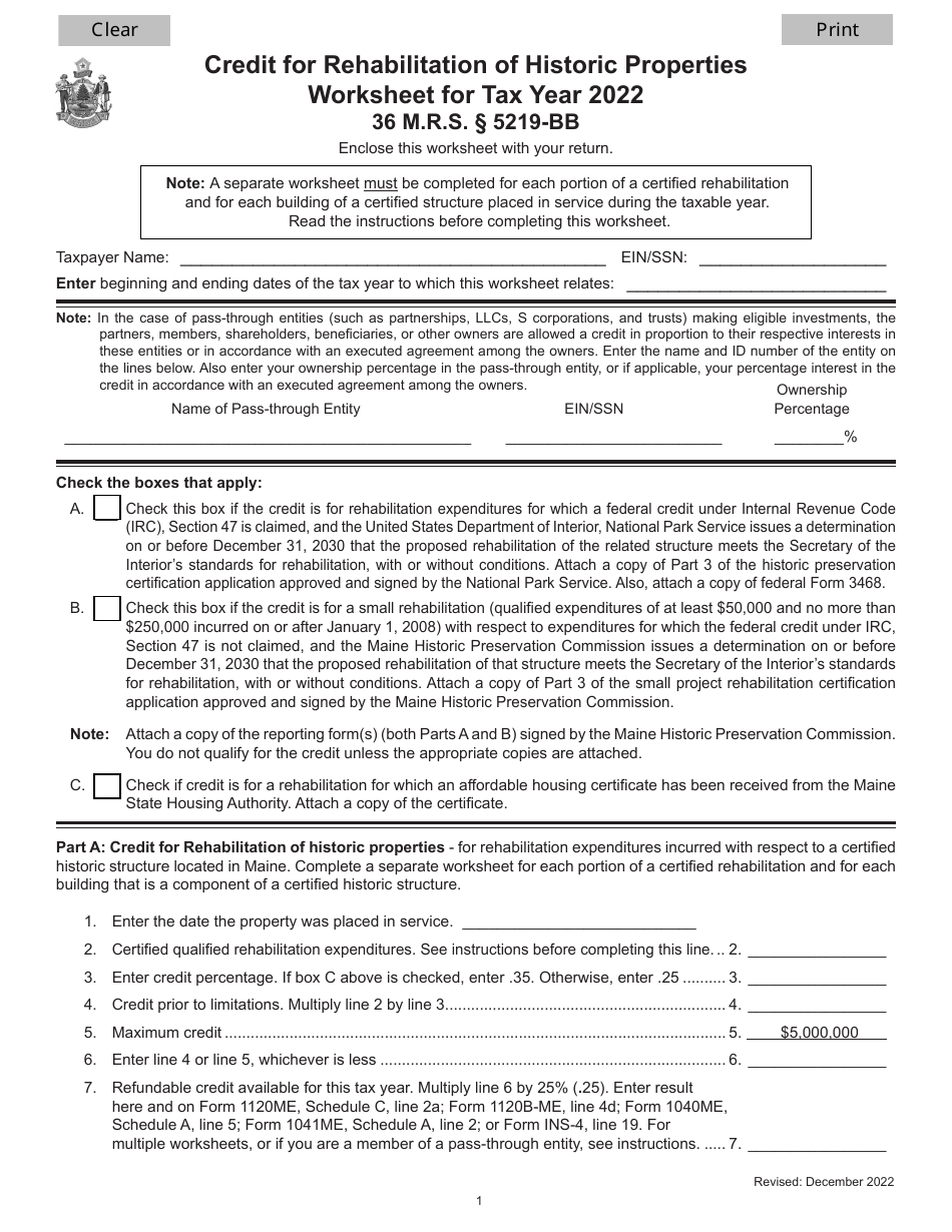 Credit for Rehabilitation of Historic Properties Worksheet - Maine, Page 1