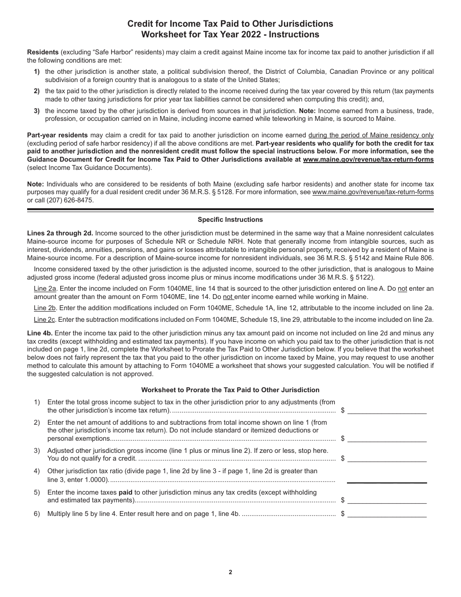 Credit for Income Tax Paid to Other Jurisdiction Worksheet - Maine, Page 2