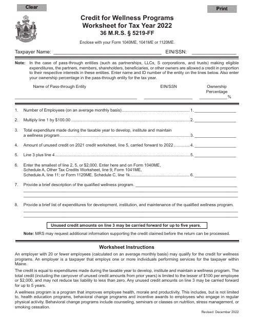 Credit for Wellness Programs Worksheet - Maine Download Pdf