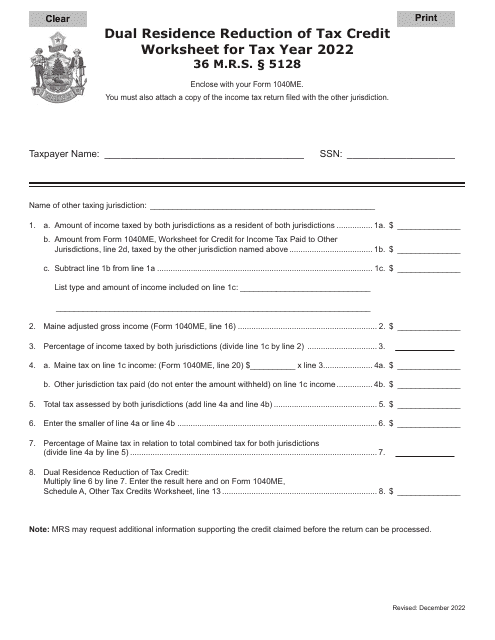 Dual Residence Reduction of Tax Credit Worksheet - Maine Download Pdf