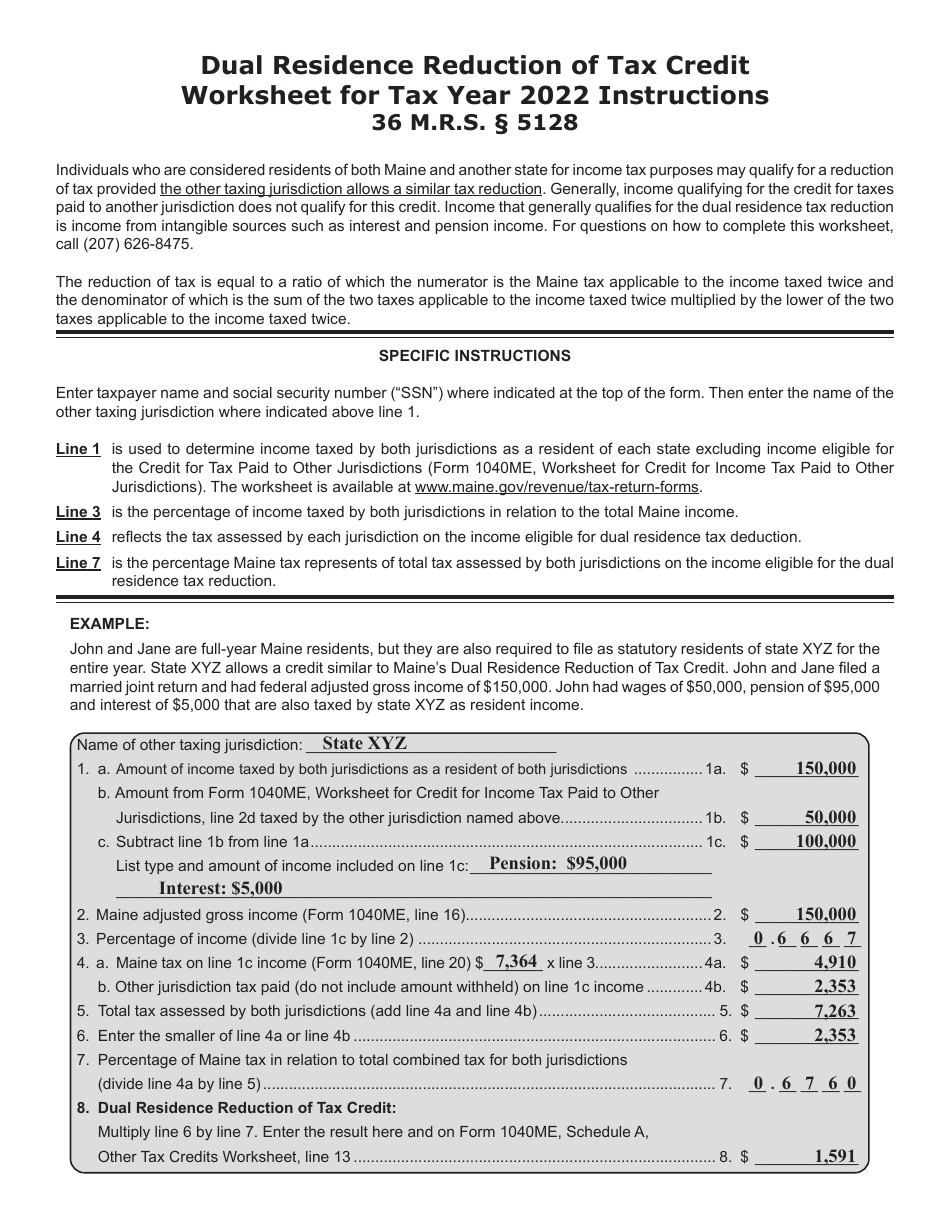 Dual Residence Reduction of Tax Credit Worksheet - Maine, Page 2