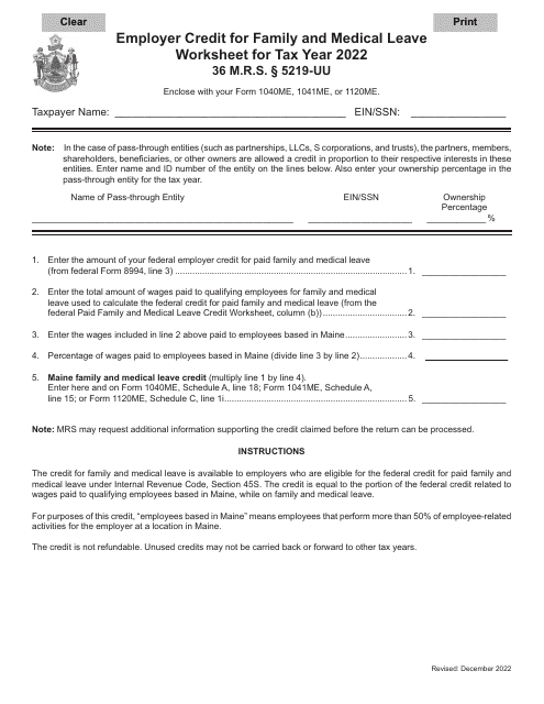 Employer Credit for Family and Medical Leave Worksheet - Maine Download Pdf