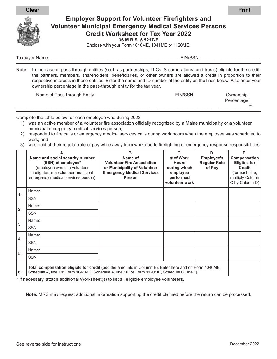 Employer Support for Volunteer Firefighters and Volunteer Municipal Emergency Medical Services Persons Credit Worksheet - Maine, Page 1